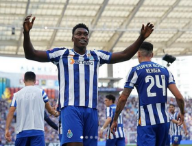 Samu Omorodion reacts to scoring his first goal for FC Porto after logging 27 minutes