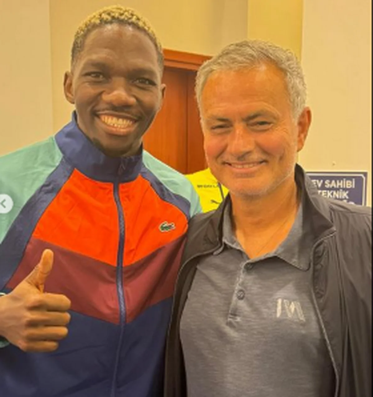 Made in Chelsea: OmeruoÂ poses with Mourinho during Kasimpasa's league game against FenerbahceÂ 