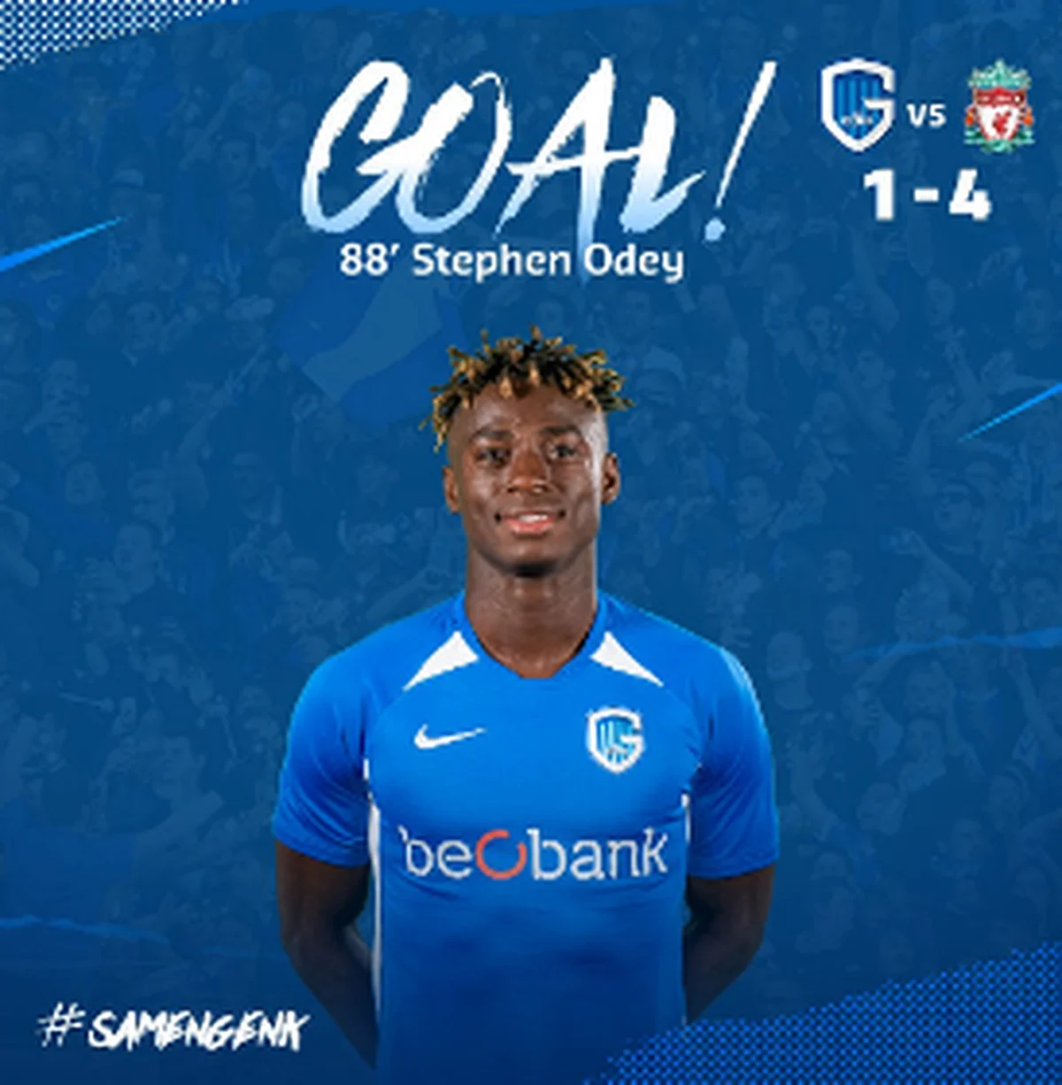 Genk's Odey Reacts To Scoring Against Liverpool In Champions League